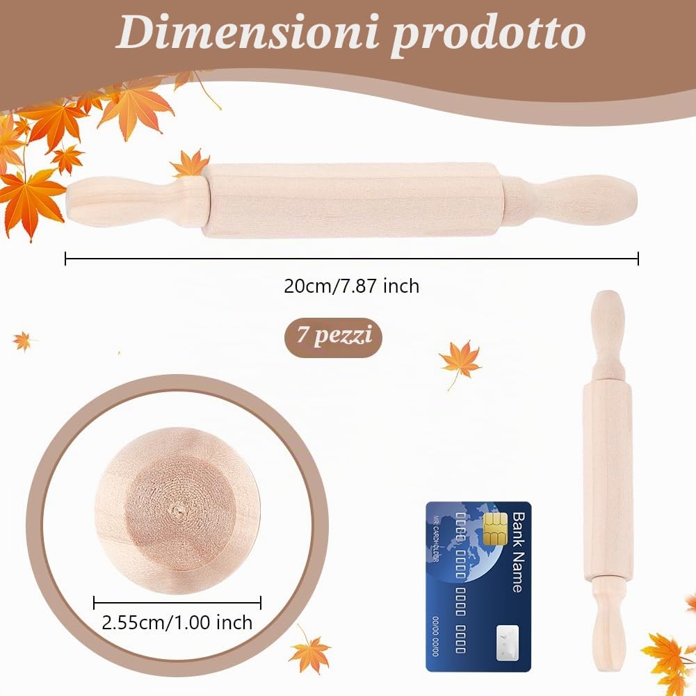 OLYCRAFT 7pz Mattarelli in Legno 20x2.5cm classico mattarello in legno per la cottura a rullo per pasta per bambini utensili in legni per pizza argilla pasta pane pasticceria biscotti torte