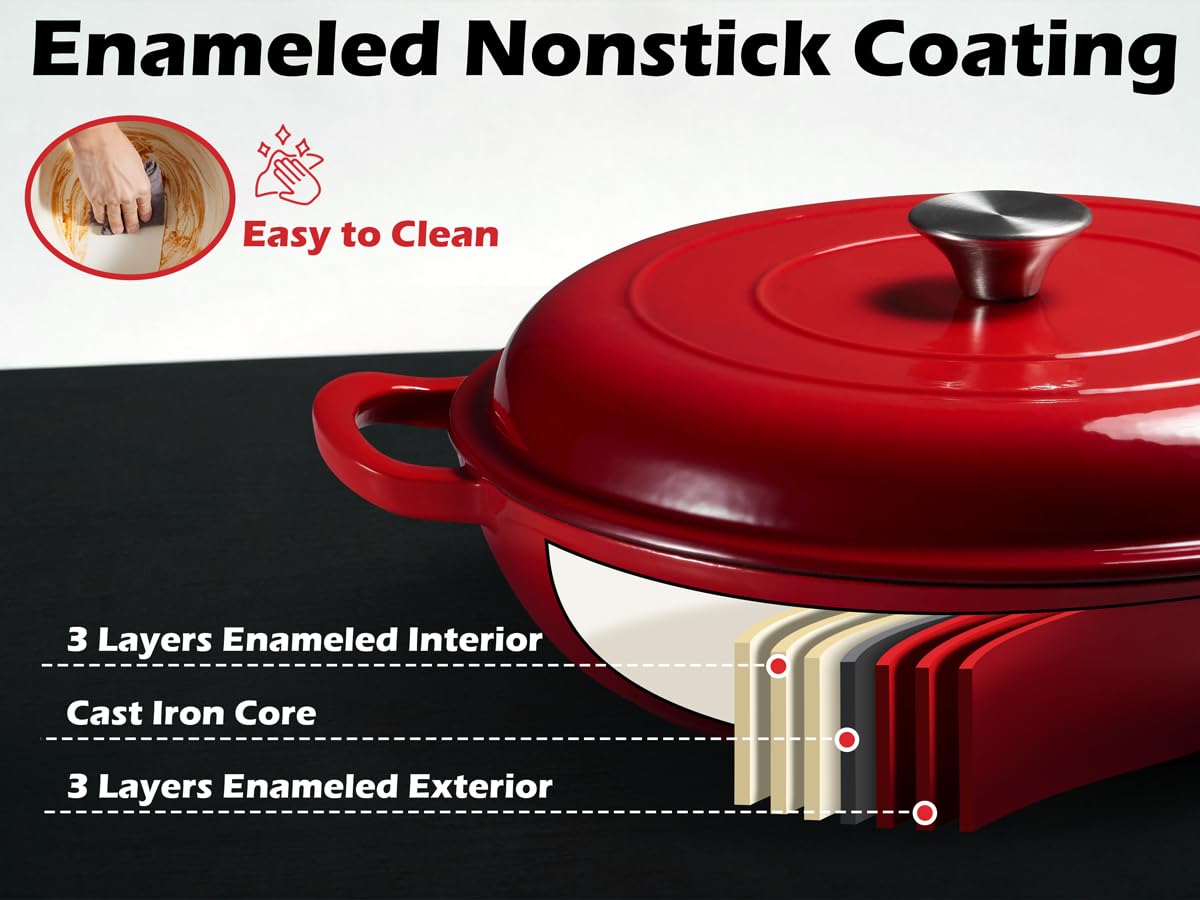 Leonyo Enameled Cast Iron Skillet - 3.6QT Braiser Pan -3 Leonyo Enameled Cast Iron Skillet - 3.6QT Braiser Pan -3