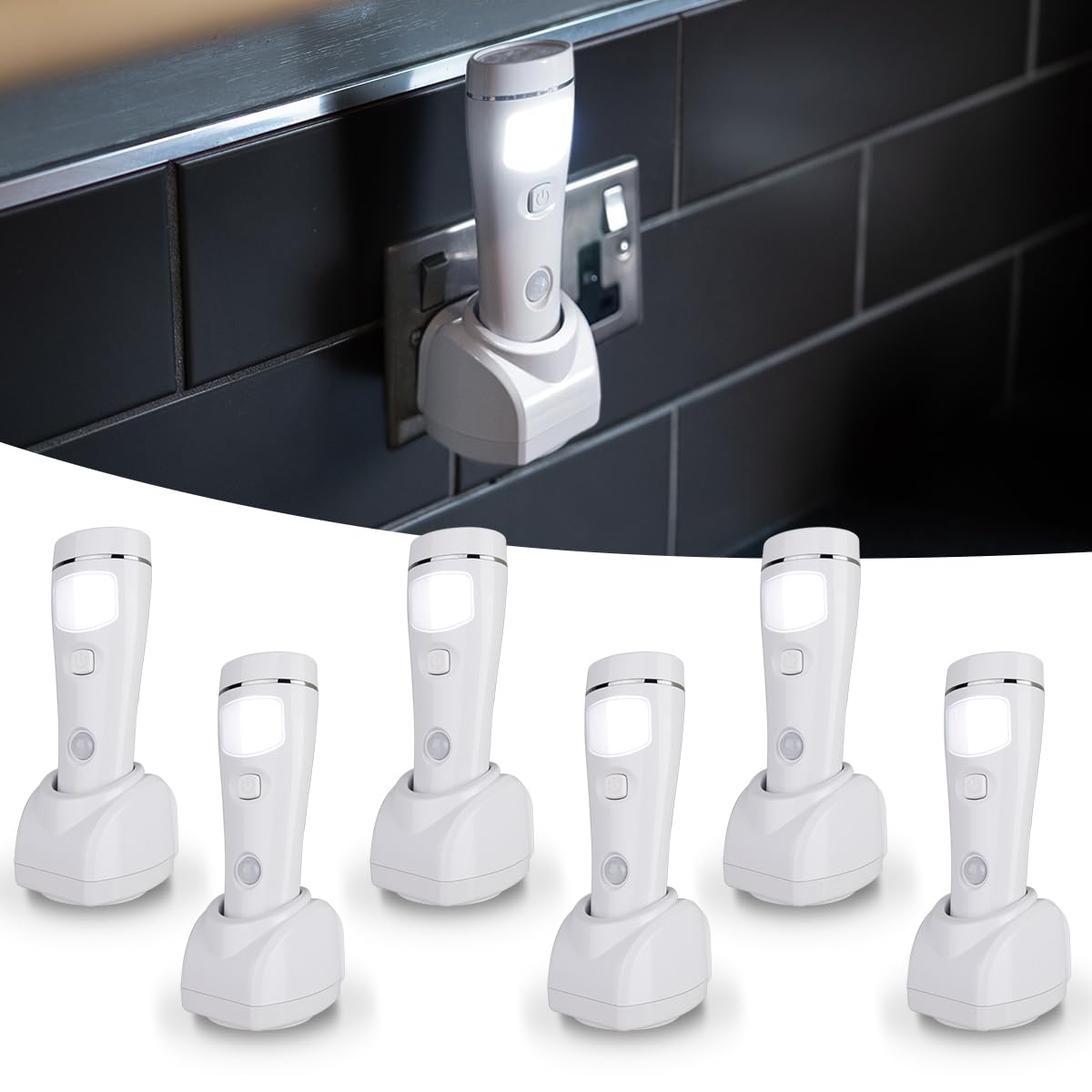 Xtralite NiteSafe Sensor II Rechargeable Night Light - 4 Function Motion Sensor LED Nightlight, Power Failure Light, Torch and Work Light - Six Pack