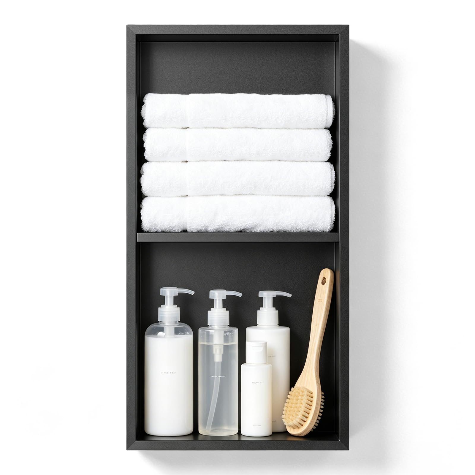 Fushabana Stainless Steel Wall Niche for Shower, Recessed Bathroom Storage Unit with Double Tier Shelf, 33x63cm Outer, 30.5x60.5cm Cutout, No Tiling Needed, Rustproof Black Coated Insert(Black)