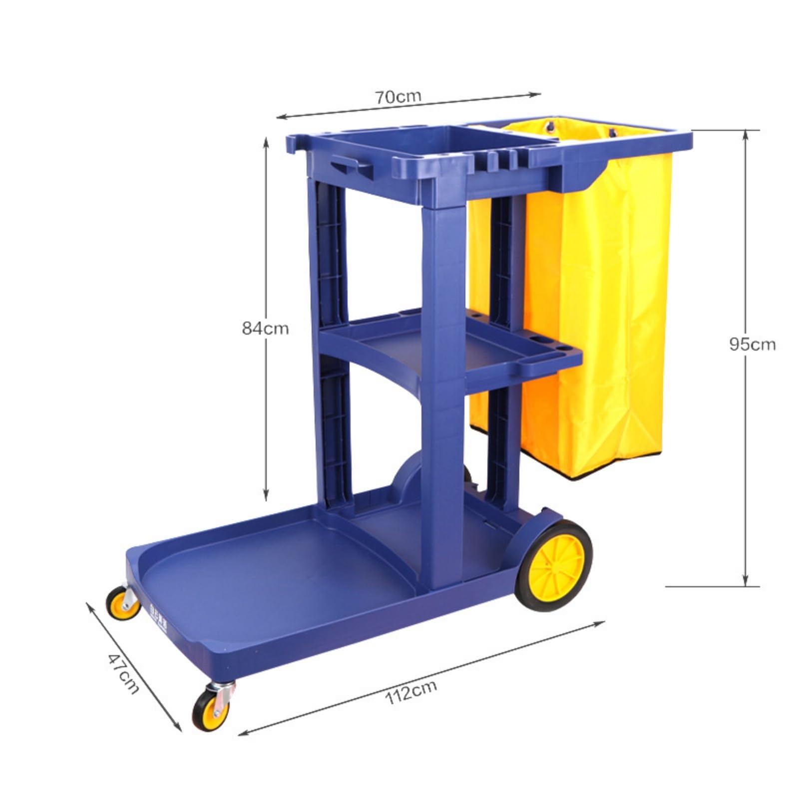 Carrito de limpieza de 3 estantes con bolsa de vinilo amarillo y cubierta, carrito de limpieza con ruedas para limpieza comercial