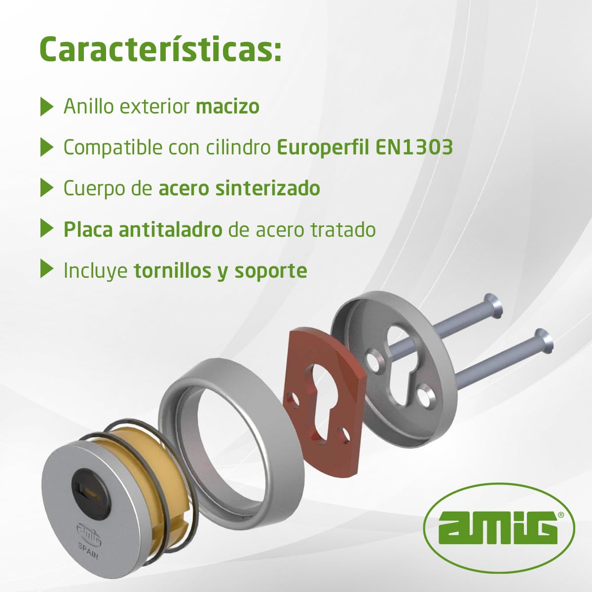 Amig - Escudo de seguridad Mod. 30 - Latón - Dorado - Anillo exterior macizo - Ø65 mm - Con placa antitaladro - Con tornillos y soporte - Para cilindro Europerfil EN1303 - Cuerpo acero sinterizado