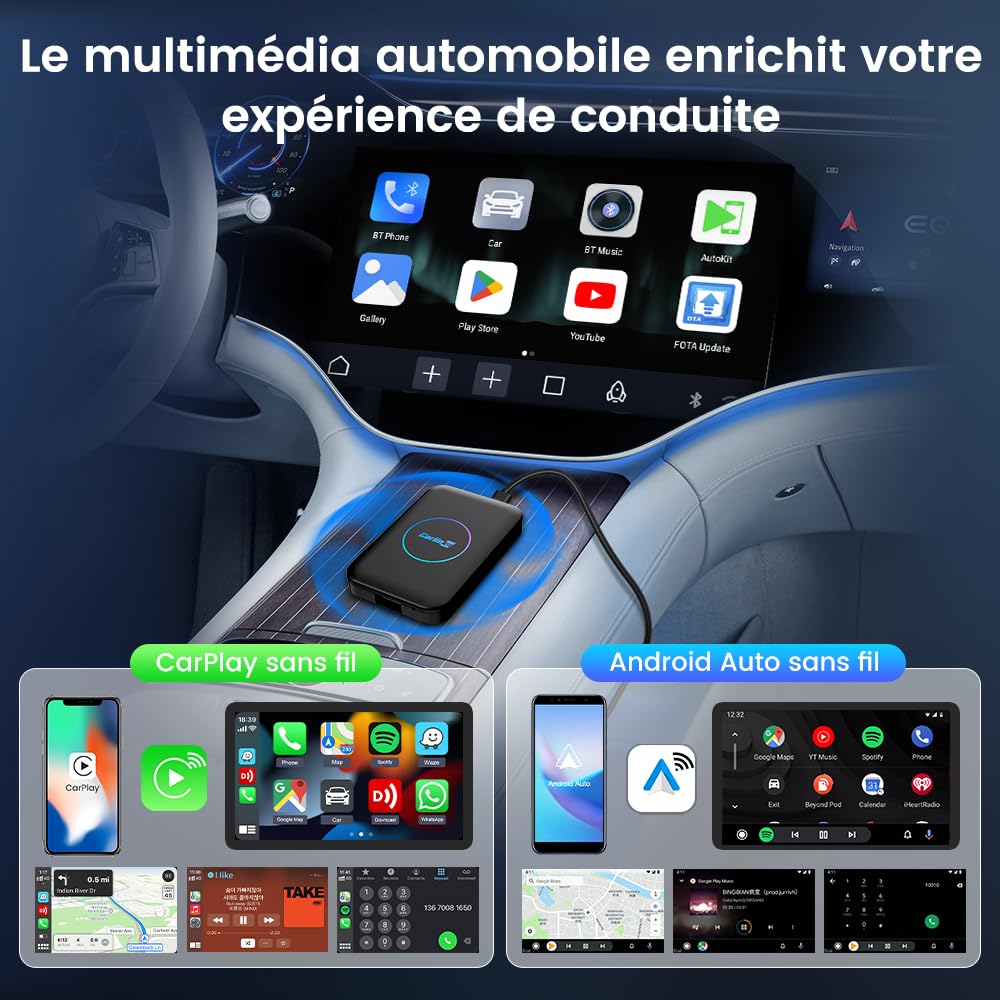 CarlinKit AIBOX-Lite Boîte multimédia 3 en 1 Système Android indépendant / CarPlay sans fil / Android Auto sans fil, convient pour les véhicules équipés de CarPlay filaire / Android Auto