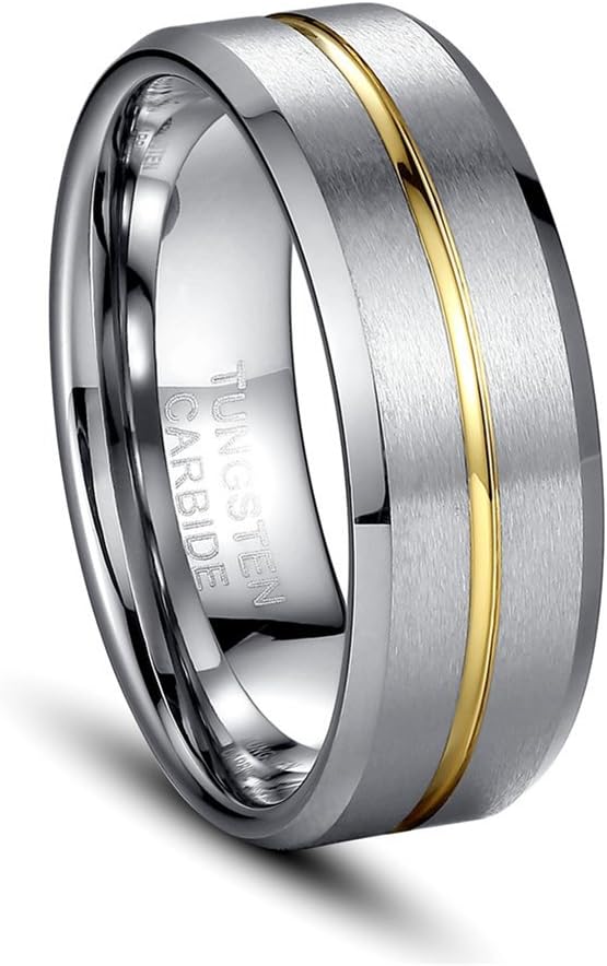Mens Womens 8mm Tungsten Carbide 18k Gold Groove Wedding Jewellery Ring Engagement Band Matte Finish Comfort Fit
