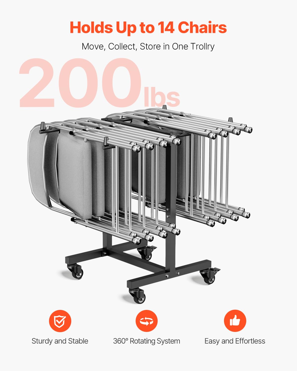 VEVOR Estante para Sillas Plegable, Capacidad de 90 kg, Carrito en Forma de T para 14 sillas, Carrito de Almacenamiento de Metal Resistente con Ruedas de Goma para Fiestas, Eventos, Negro Mate