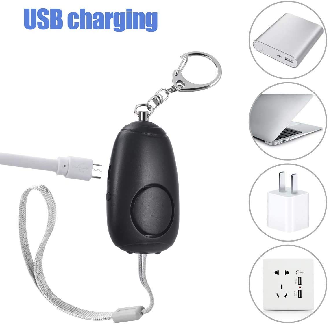 Lot de 3 alarmes personnelles rechargeables d'urgence 130 dB avec 2 lumières LED, pour femmes, hommes, enfants, personnes âgées - Noir