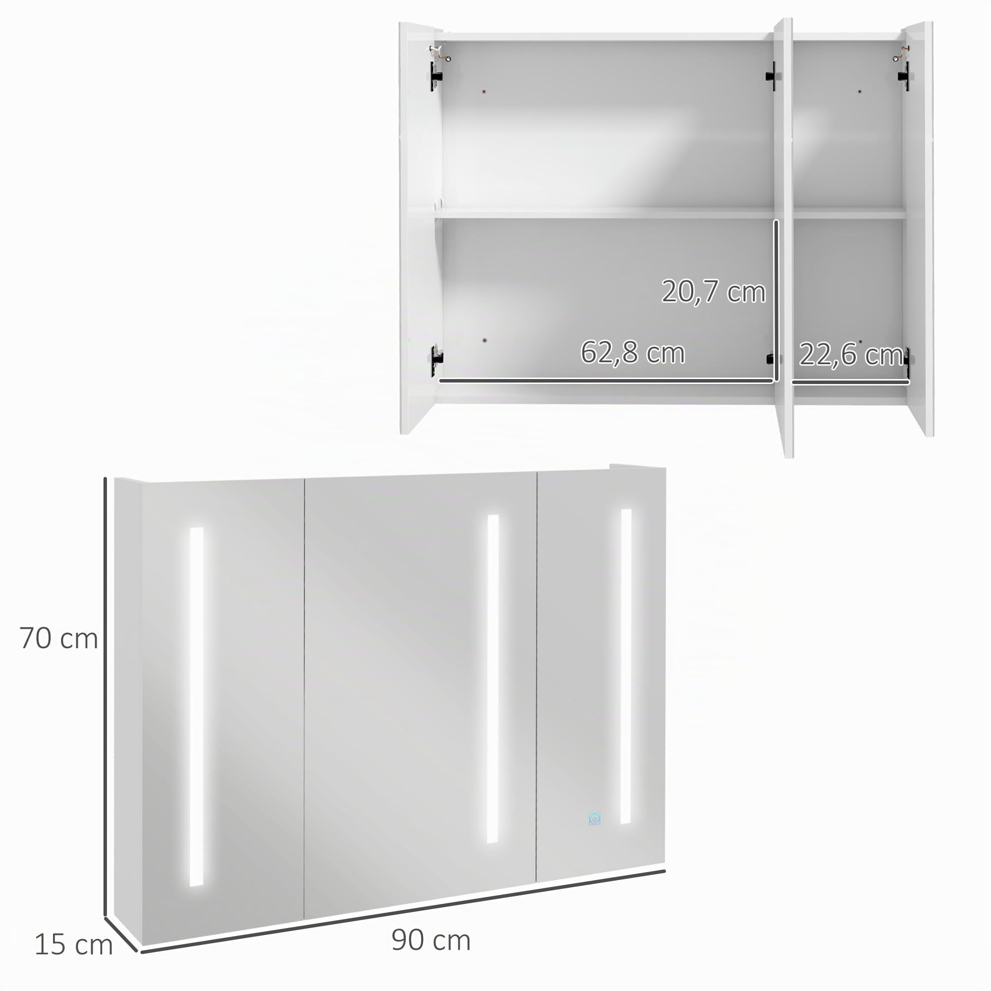 kleankin Armario con Espejo de Baño LED 90x15x70 cm Blanco Brillante | Mueble de Pared Colgante, 3 Puertas, Estantes Ajustables, Interruptor Táctil y USB