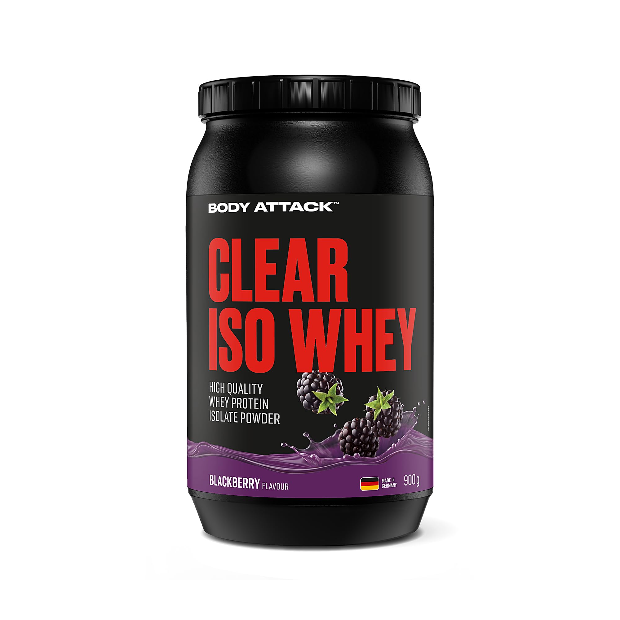 Body Attack Clear Iso Whey - Blackberry, 900 g - Made in Germany - orzeźwiający, przezroczysty izolat białka serwatkowego - 24 g białka i 11400 mg EAA na Iso Whey Shake, bez cukru i tłuszczu