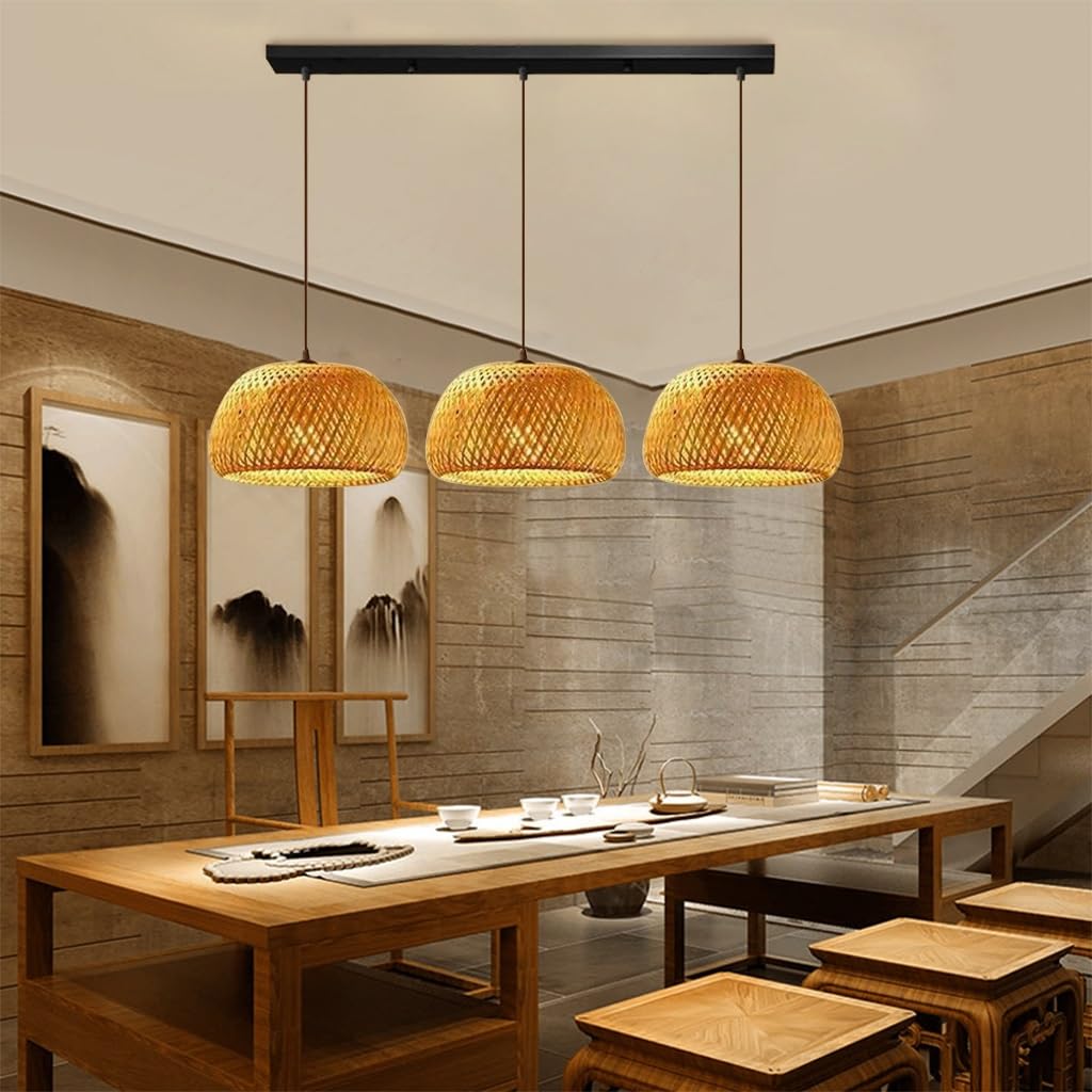 Lampadario A Sospensione In Bambù Vintage 3 Lampadine Stile Boho Con Paralume In Rattano Intrecciato Illuminazione A Soffitto Regolabile Per Tavolo Da Pranzo Camera Soggiorno Cucina Ingresso E27