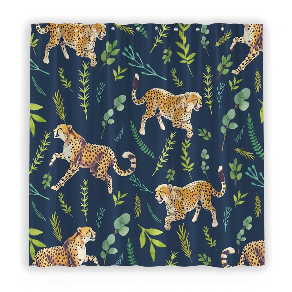 Duschvorhang Mit Leoparden & Palmenblättern – Abstraktes Boho Design, Tropischer Dschungel-Look, 168x183 Cm, Waschbarer Polyesterstoff