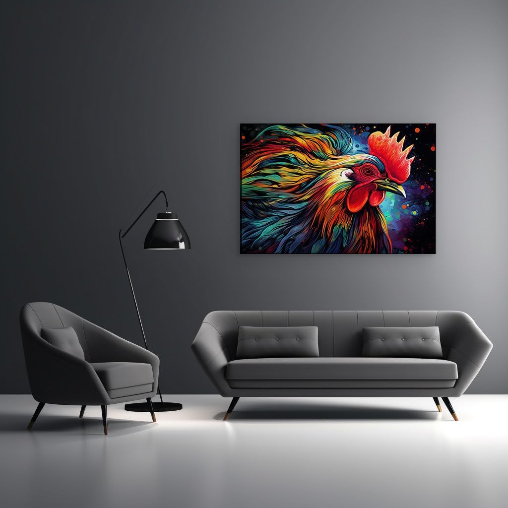 Canvas for Living room. A Symphony of Colors: The Vivid Digital Rooster Against the Night, 27 x 18 inch Canvas Wall Art - Ready to Hang