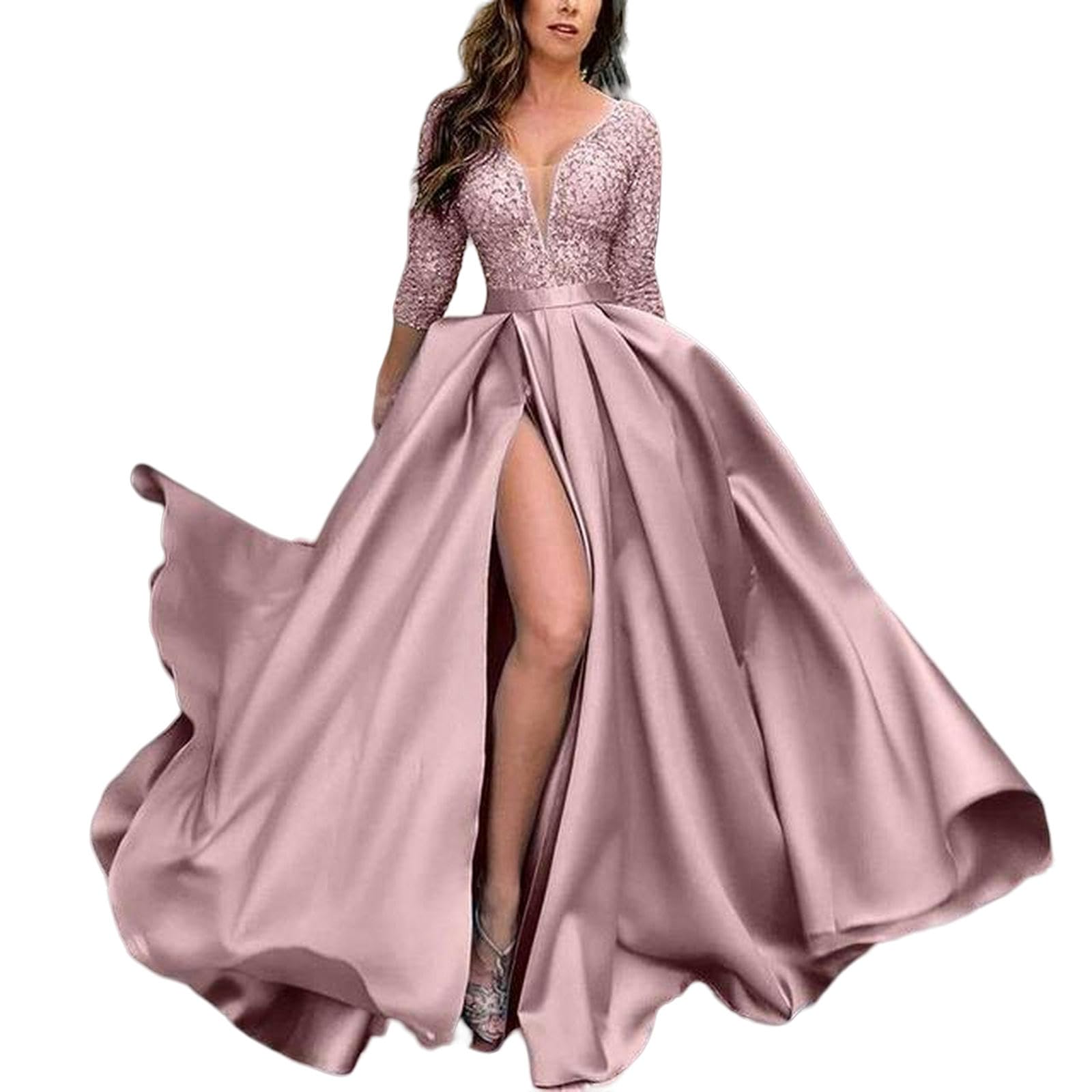 MdybF Letnie Sukienki Damskie Eleganckie Długie Suknie Ślubne Imprezowe Lady Satin V-ECK Długa Spódnica Tail