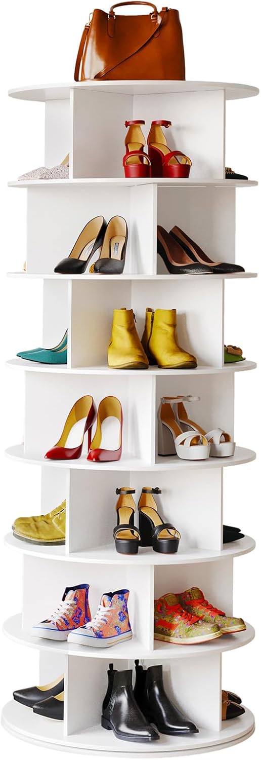 SpaceAid Cross Style 7-Tier Rotating Shoe Organizer, Spinning Shoe Rack Tower, 360 Display Lazy Susan Storage, Handbag Rotate Tower Closet Organization (Modern Style, White)