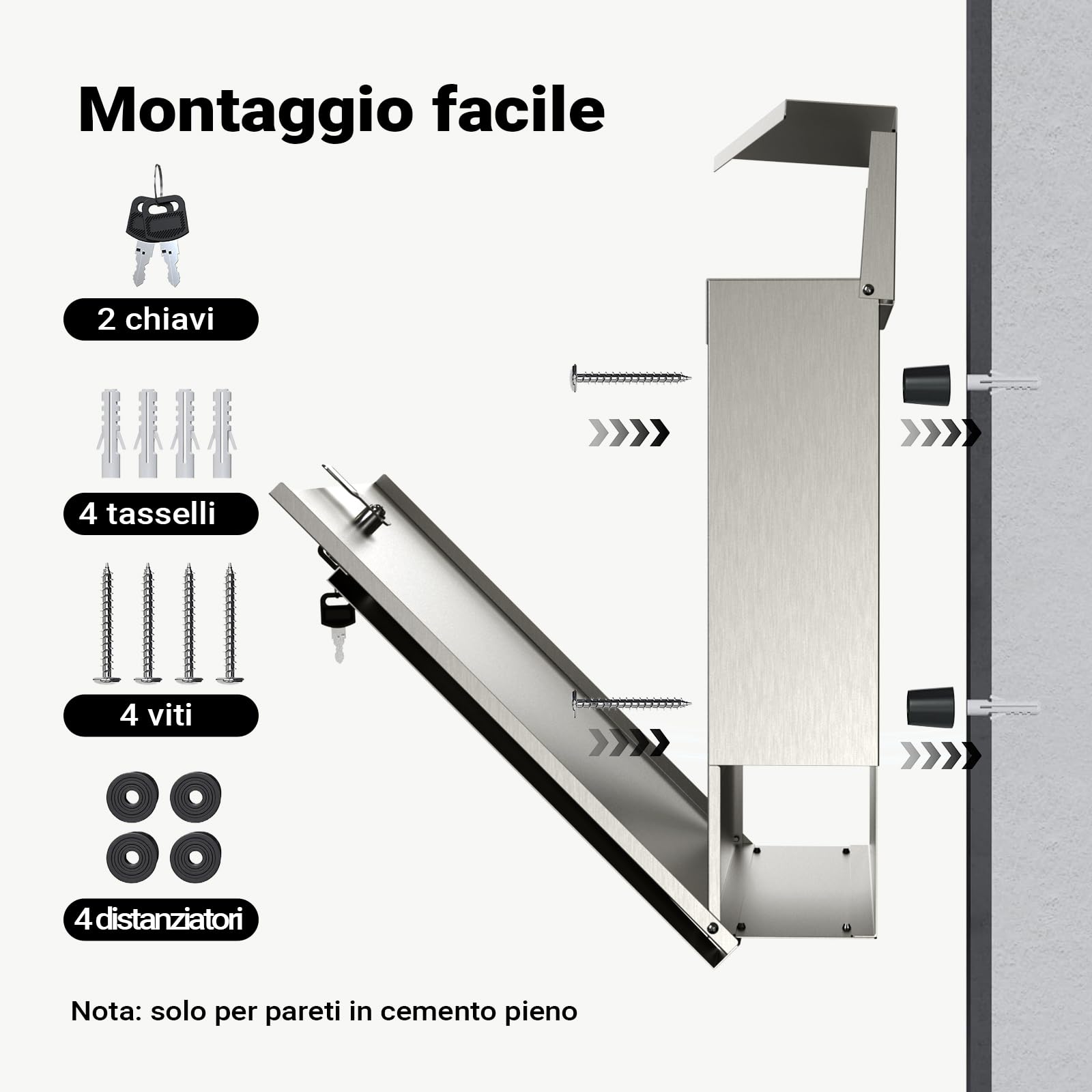 Wiltec Cassetta postale con vano portagiornale V23 acciaio inox 370 x 102 x 370 mm