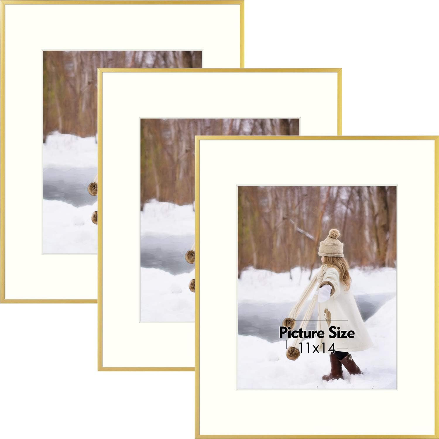 Mat Board Center, 16x20 Aluminum Picture Frames, Set of 3 - Displays 11x14 Artwork with Mat - Gold Frame with Real Glass Front - Perfect for Creating a Gallery Wall for Art Prints, Posters