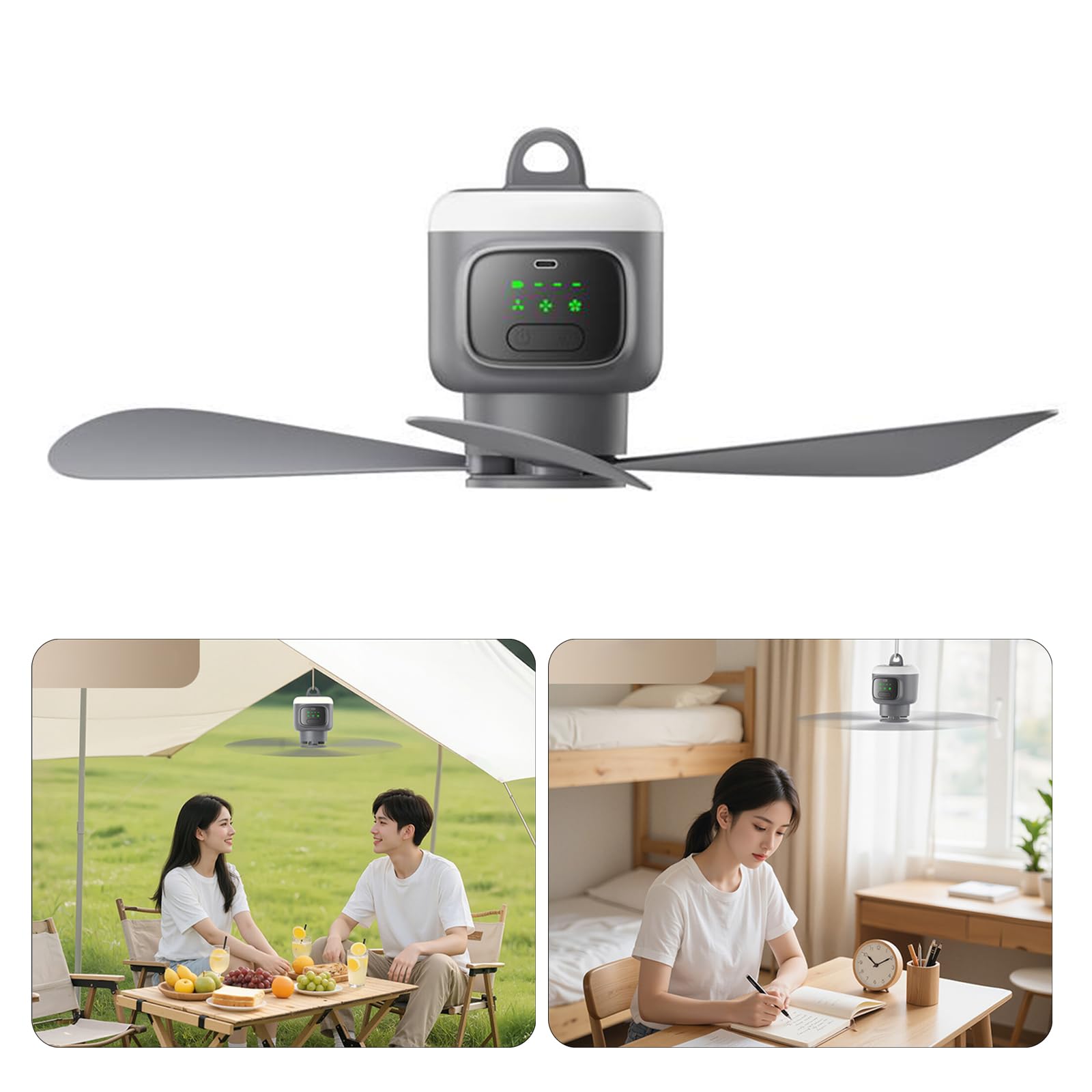 Ventilatore da soffitto con telecomando con luce regolabile, ricarica USB, modalità a 3 velocità per tende, cantieri, raffreddamento interno, luce da campeggio ricaricabile con ricarica USB