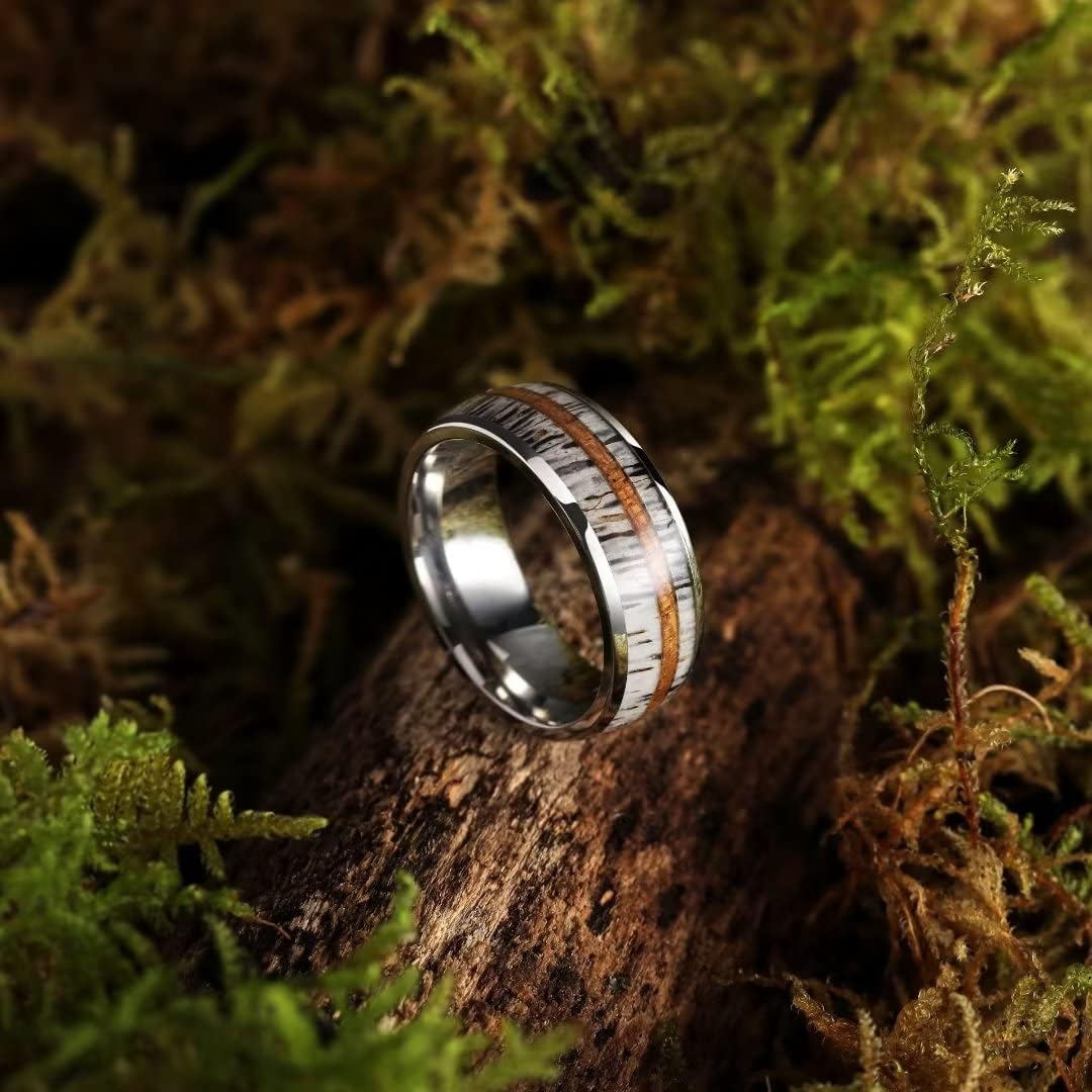 King Will 8mm Black Titanium Ring Sapele Wood Antlers Inlay Wedding Ring High Polished for Women Men Comfort Fit - Image 2