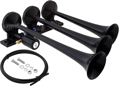 Vixen Horns Bocina de tren para camionescoches. 3 trompetas negras de bocina de aire. DB súper ruidosa. Se adapta a vehículos de 12 V como