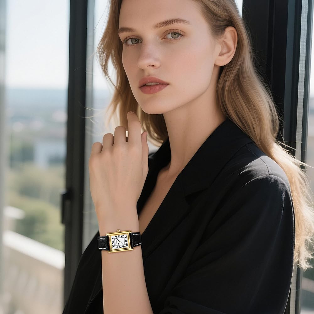Montre Femme Rectangle Rétro Chiffres Romains Bracelet Cuir