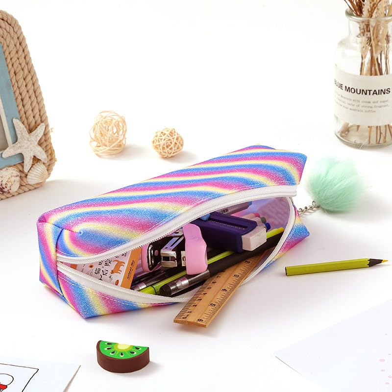 PHOGARY Glitter Preppy Pencil Case for Girls Cute Pastel Pen Case Fluffy Zip Pull Pouch Bag Holographic - Image 4