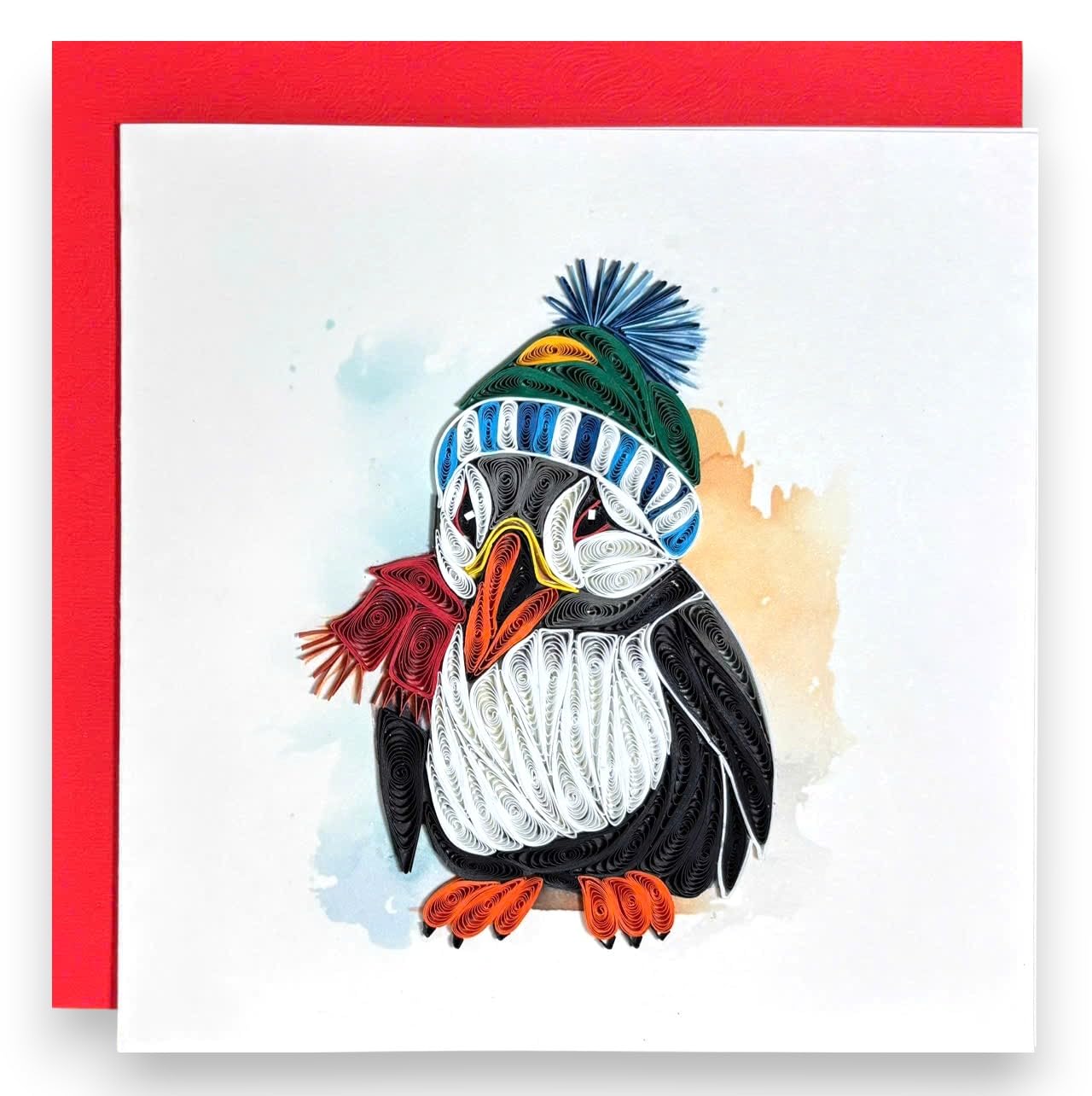 HAIANCO Christmas Card Handmade with 3D Quilling Puffin in Winter Hat – Cute Holiday Greeting Blank Inside – Unique Gift for Bird Lovers and Kids
