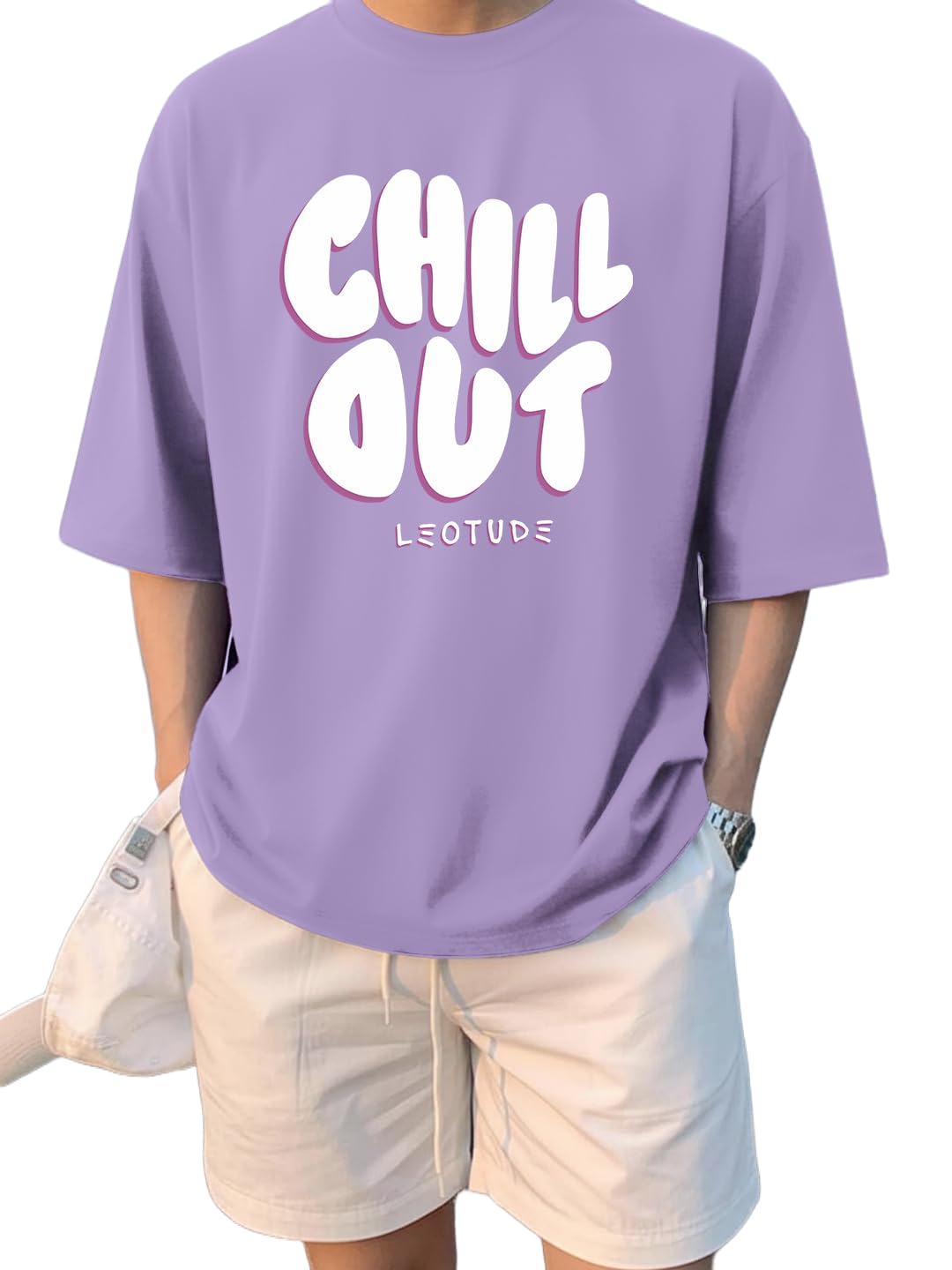 Trendy Half Sleeve Oversized Cotton Blend Crew Neck Tshirt for Men t (FS49_Purple_CHILL_P_Purple)