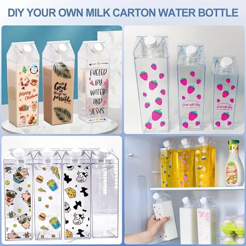 Image of 1000ML Milk Carton Water Bottle, Clear Plastic Milk Box Portable Leakproof Square Juice Bottle for Outdoor Sports Travel Camping (4 Pcs)