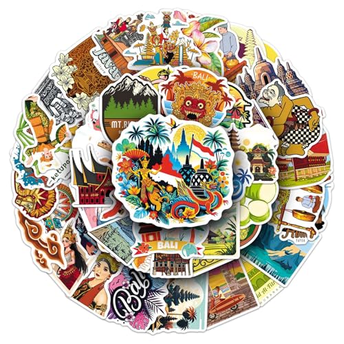 50Pcs Indonesia Outdoor Scenery Stickers Pack, Waterproof Vinyl Indonesia Map Stickers for Suitcase, Bicycle, Laptop, Water Bottle, Notebooks, Scrapbooking, Aesthetic Vintage Tourism Decals
