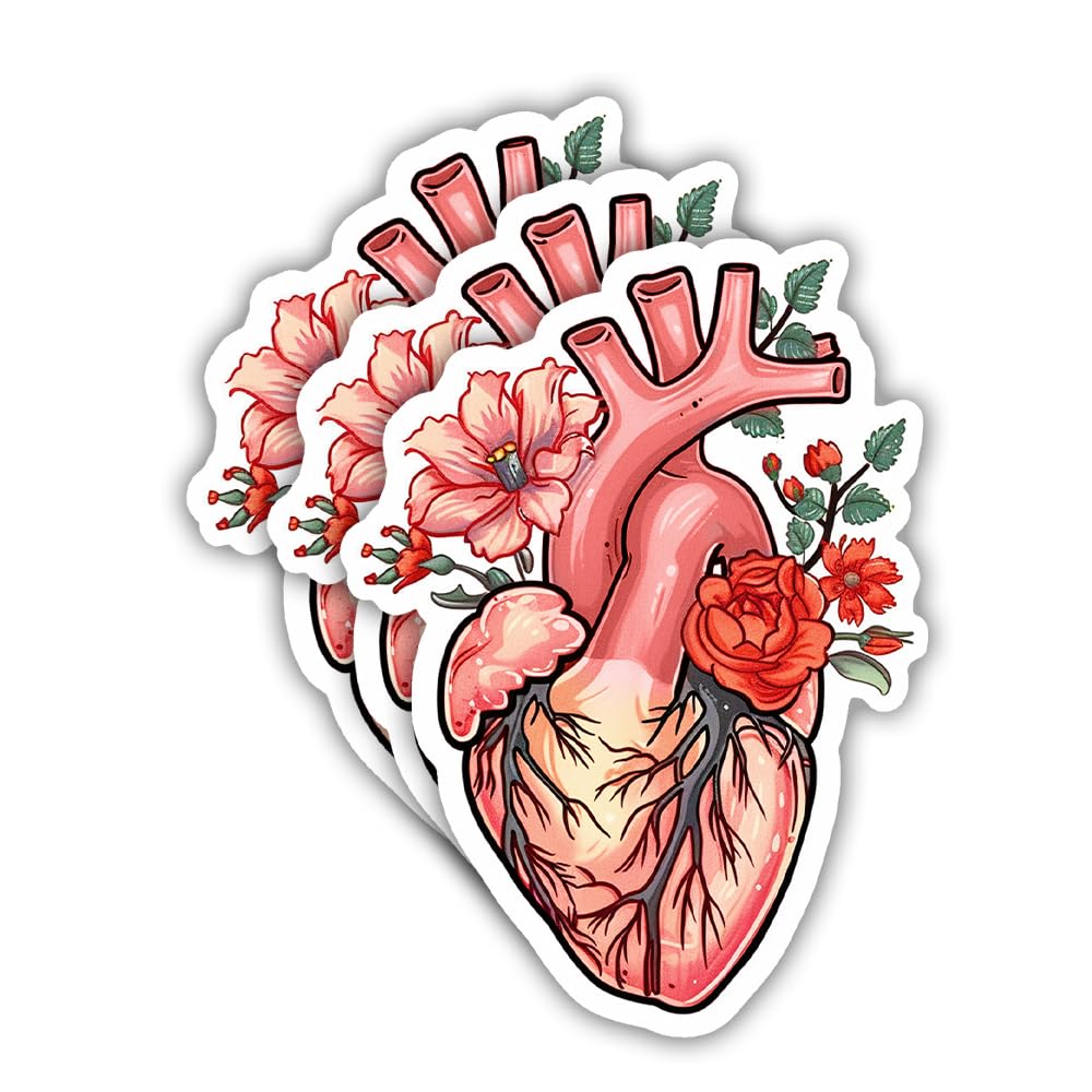SODAVA (3Pcs) Flower Anatomical Heart Sticker Anatomical Heart Sticker Nurse Sticker Anatomy Cardiology Sticker Human Heart Stickers Gift Decoration for Hard Hat CarLaptop Stickers