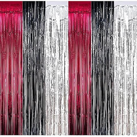 HappyField Burgundy Black Silver Foil Fringe Curtains for Bridal Shower Baby Shower Wedding Gender Reveal Maroon Black Silver Birthday Party Decorations Maroon Graduation Party Decorations 2024 Cover