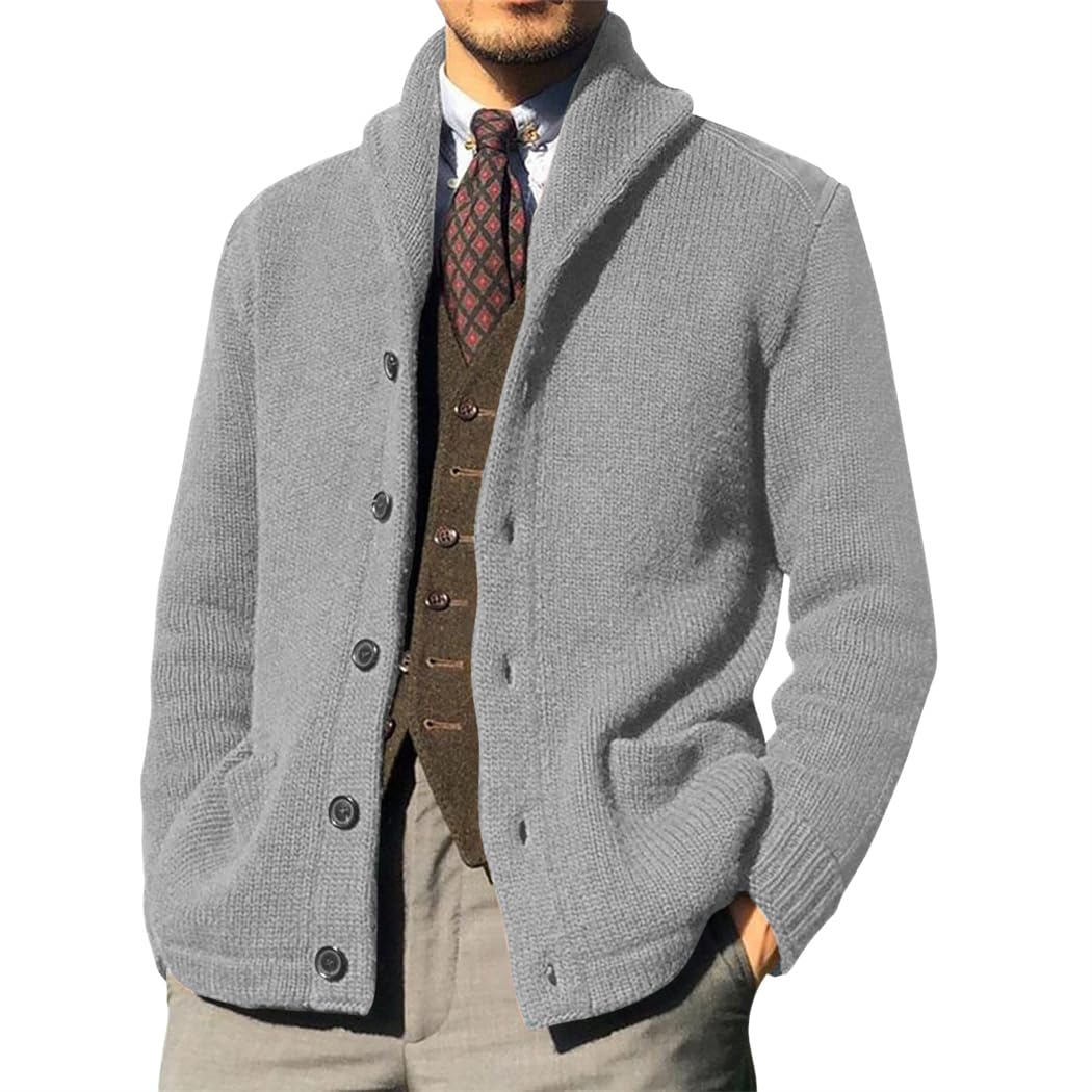 Wekumgy Mens Shawl Collar Cardigan Sweater Button Down Ribbed Knit Sweaters Chunky Casual Cardigan with Pockets Grey