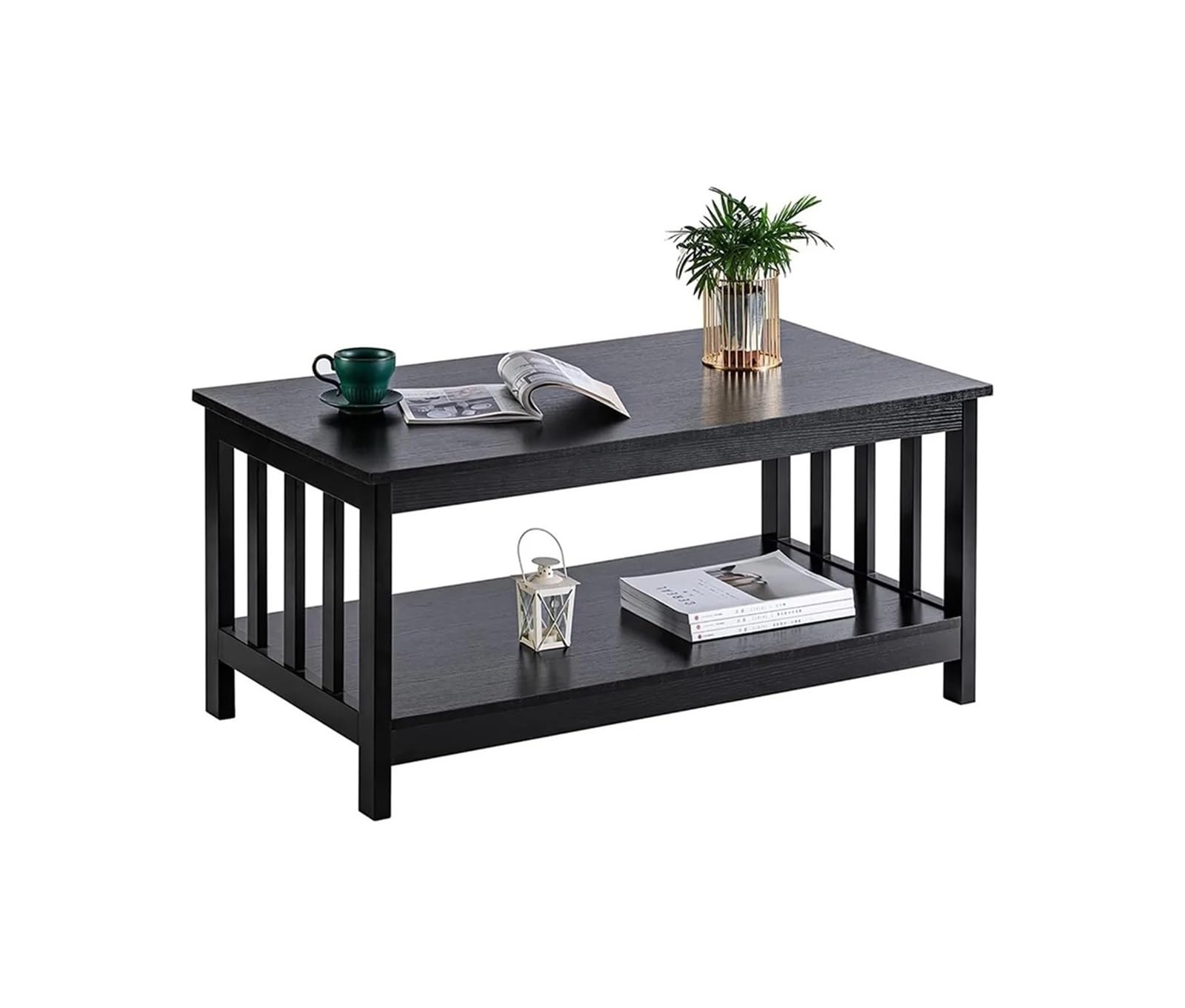 GLigeT Coffee Table Mission Coffee Table Black Wood Living Room Table with Shelf 40 Black Side Table