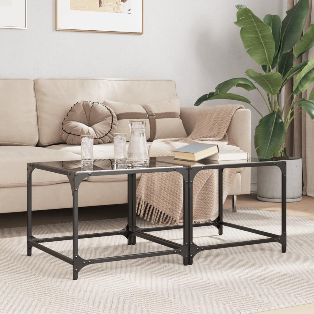 Table d'appoint en acier et verre noir avec plateau amovible moderne