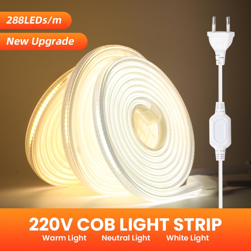 Tira LED neón COB 220V [20M，Blanco Cálido (3000-3500K)], IP65 impermeable flexible, 288 LEDs/m Tira LED FCOB cortable CRI85+, iluminación para dormitorio, cocina, sala de estar y tiendas