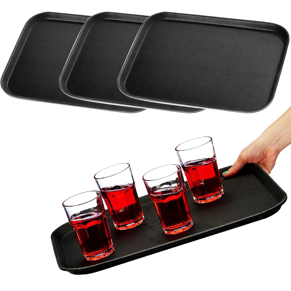 Paluplus 4 Vassoi Rettangolari da Portata Antiscivolo di colore NERO, Misura 40x30x2 cm, Vassoio Impilabile e Infrangibile con Rivestimento Gommato, per Bar, Ristoranti, Fai da te -6848F
