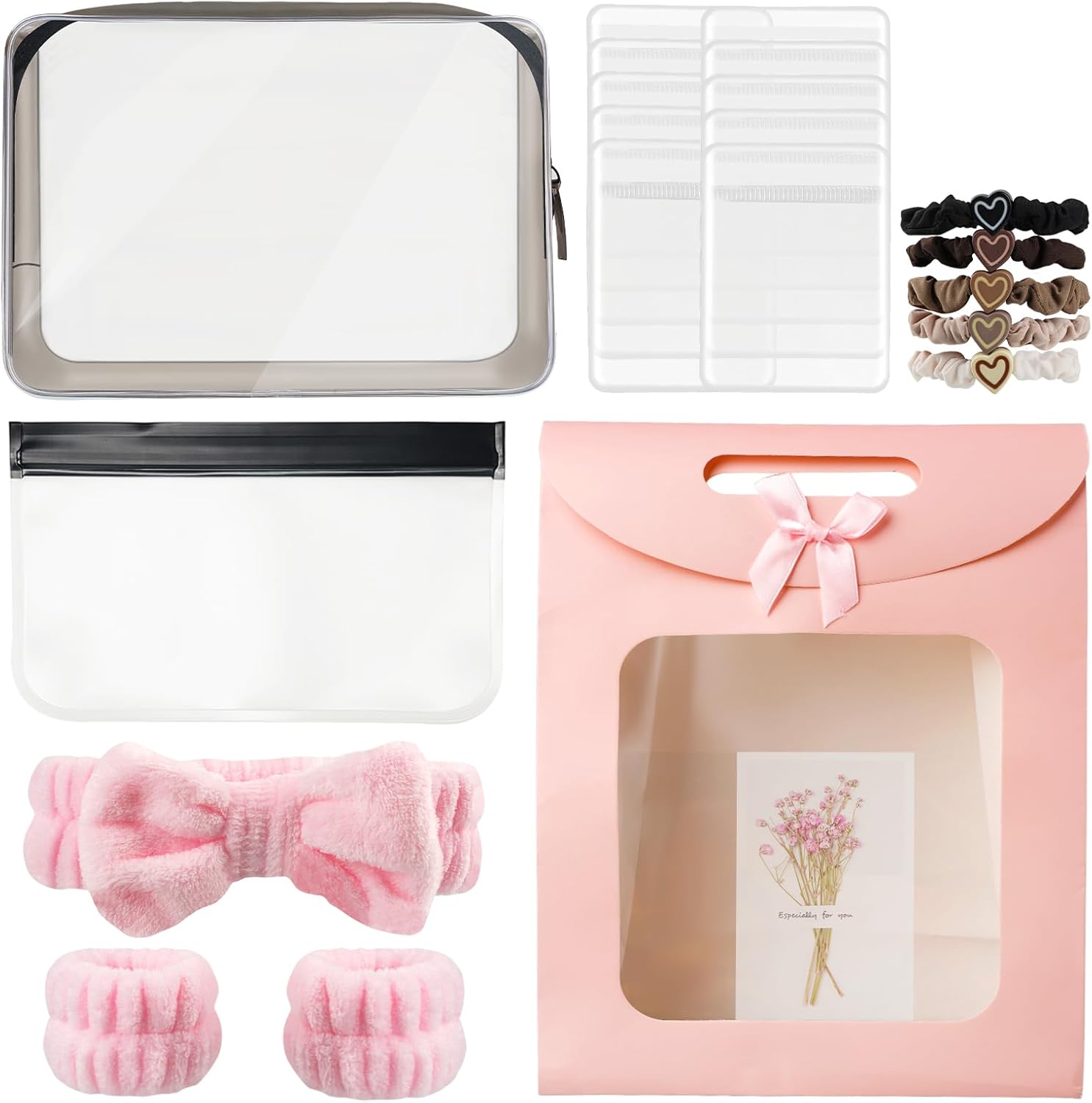 22 PCS Spa Gift Set for Women, Cosmetic Bag with Headband & Wristband | Makeup Organizer, Jewelry Bags, Hair Ties & Card | Best Friends, Birthday, Christmas, Thanksgiving & White Elephant Gifts