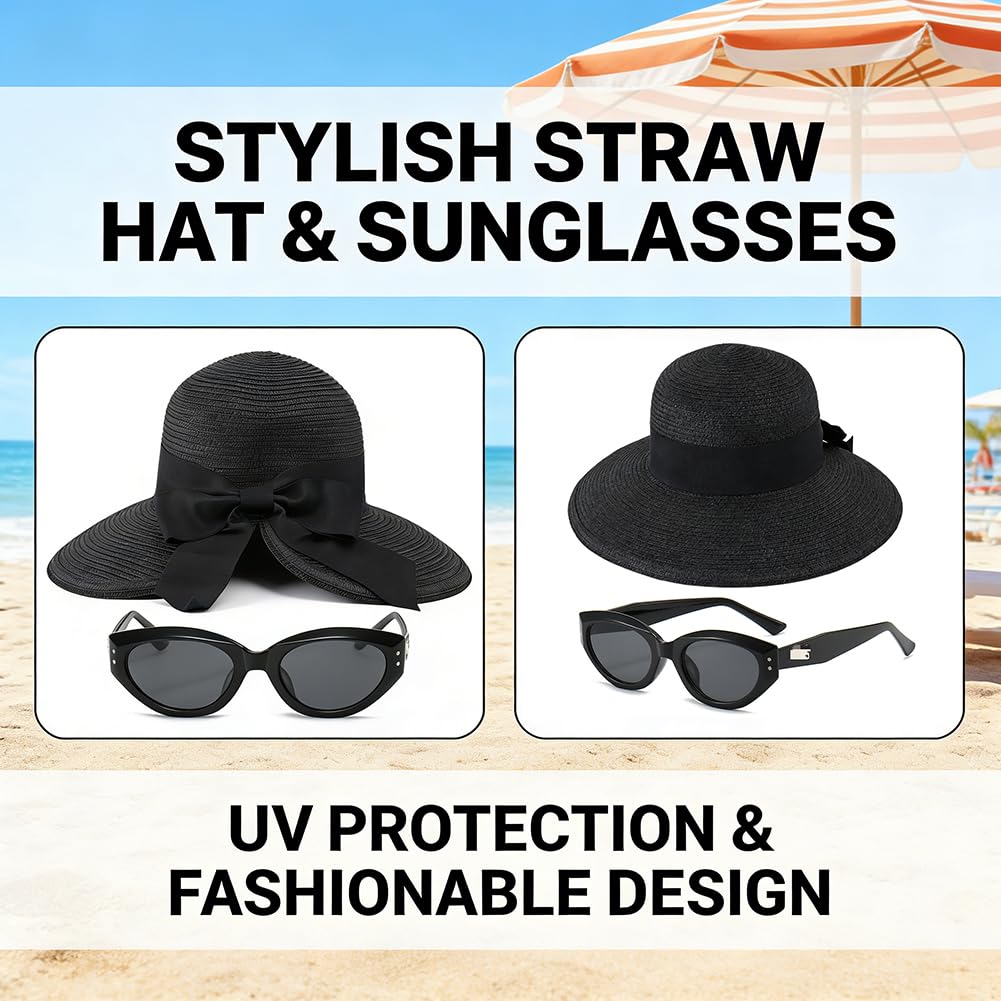 Sombreros de Sol para Mujeres Gafas de Sol UV400 para Viaje Verano Sombrero de Sol de Playa Plegable Sombrero de Paja de ala Ancha con Nudo, Negro