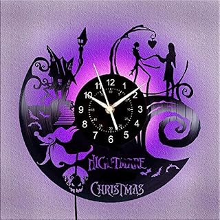 Christmas Nightmare Vinyl Record Wall Clock | Creative 7 Color Glowing Night Light Clock Halloween Jack and Sally Decoration |12 Inches Handmade Home Decor Gifts for Children and Friends (A)