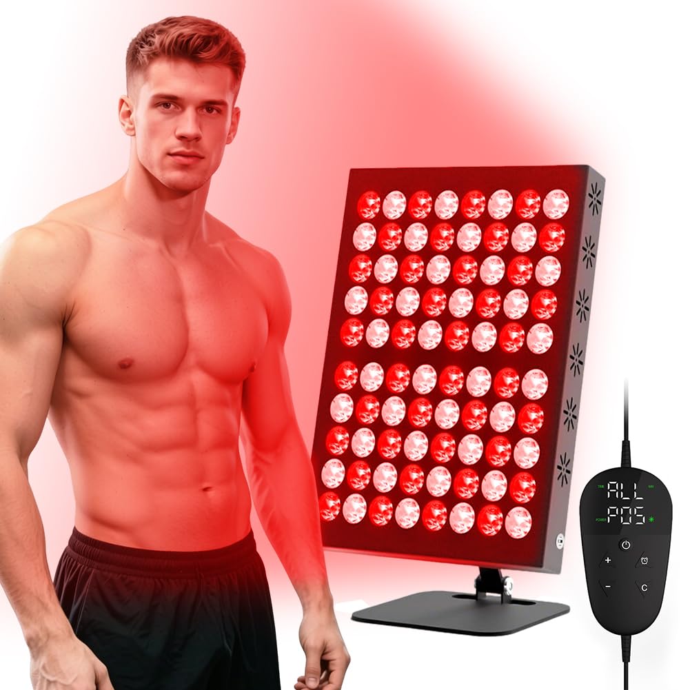 Panneau de lampe à lumière rouge 80 LED, 62 W 850 nm et 660 nm, lampe infrarouge Red Light Therapy avec 5 niveaux de luminosité et minuterie de 10/20/30 min, angle de lampe infrarouge réglable
