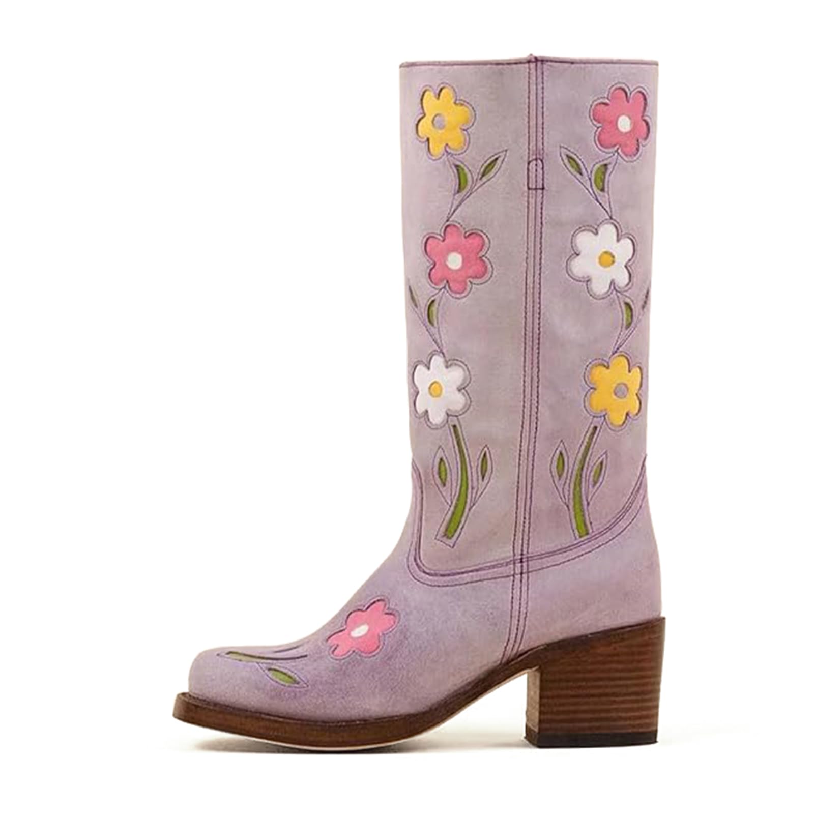 MAVMAX Floral Cowboy Boots for Women Flower Knee High Wide Calf Stacked Chunky Heel Boots Trendy Stylish Flower