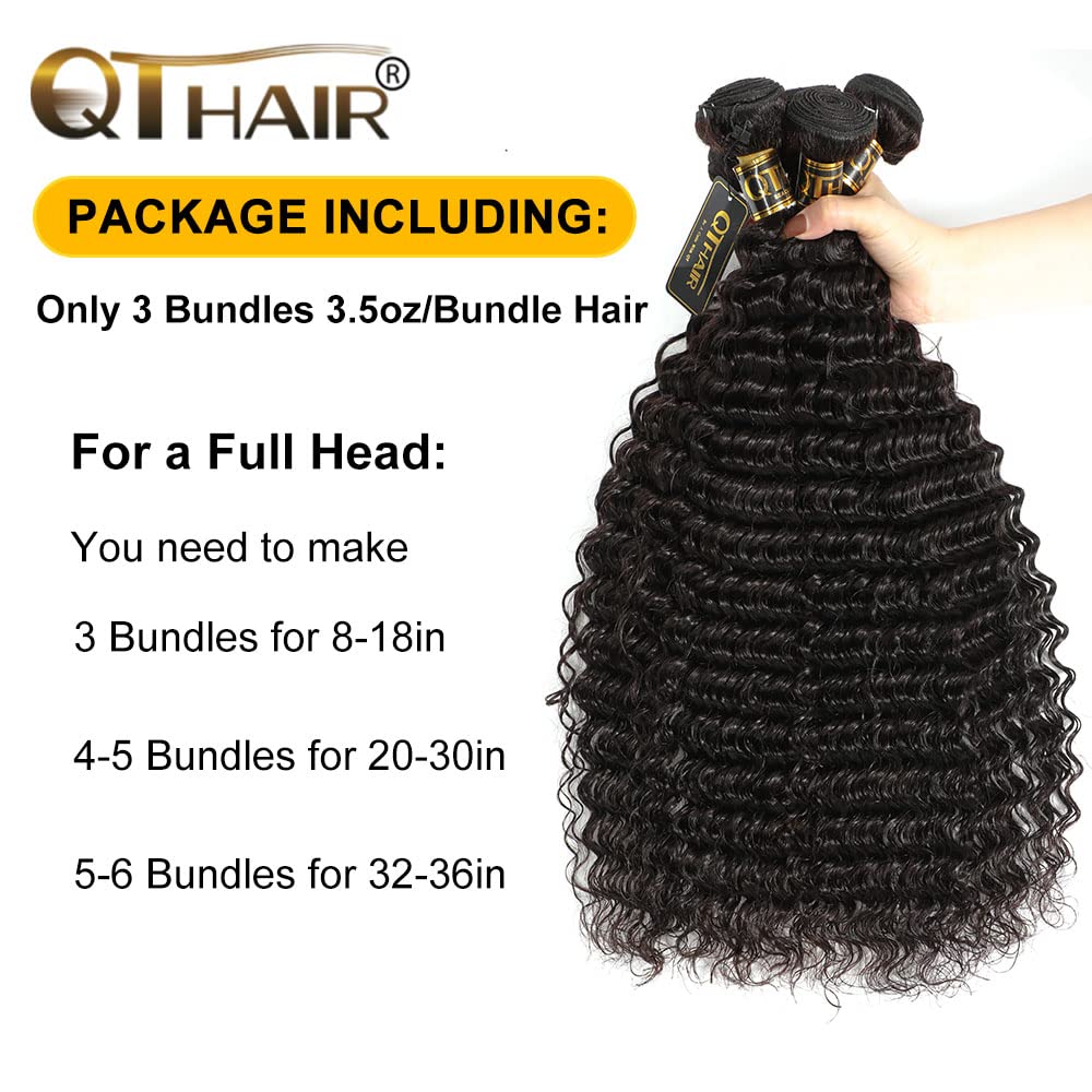 QTHAIR 18A Brazilian Virgin Hair Deep Wave Human Hair Bundles (20"22" 24" 26",Natural Color)100% Virgin Brazilian Deep Wave Human Hair Weave Deep Curly Hair Extensions Long Curly Hair