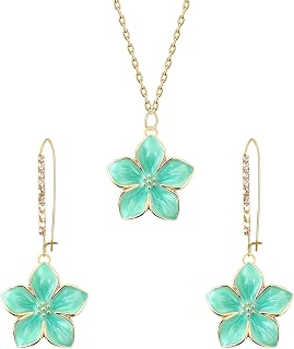 Flower Rhinestone Hoop Earrings Necklace Jewelry Set | Crystal Paved Thin Wire Hook Pastel Enamel Flower Jewelry Set Floral Dangle Earrings for Wedding Custom Daily