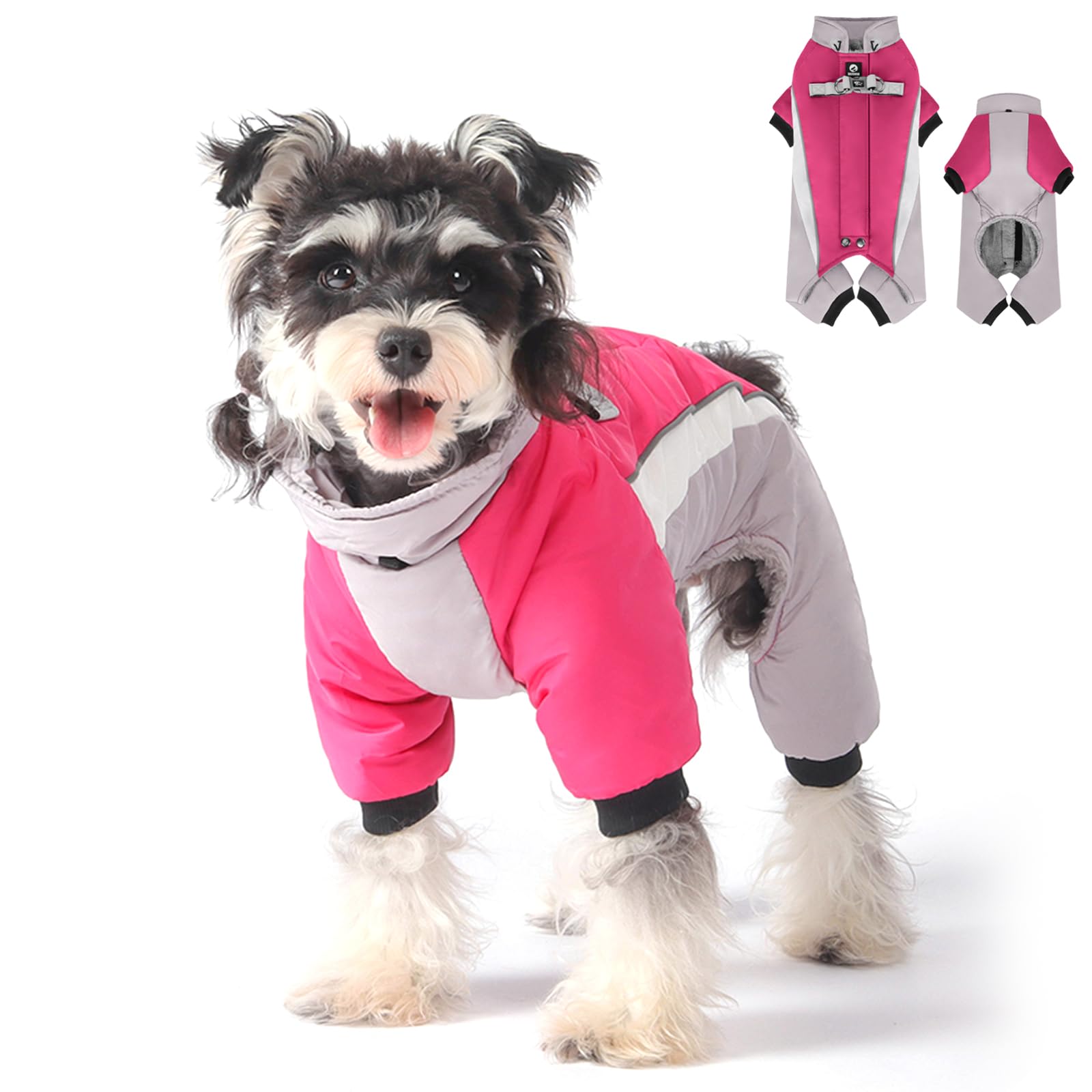 Duuclume Dog Winter Coat Pet Warm Jacket,Adjustable Waterproof 4 Legs Pet Jumpsuit with D-ring & Reflective Strips for Small to Large Dogs (Fuchsia, XXXL)