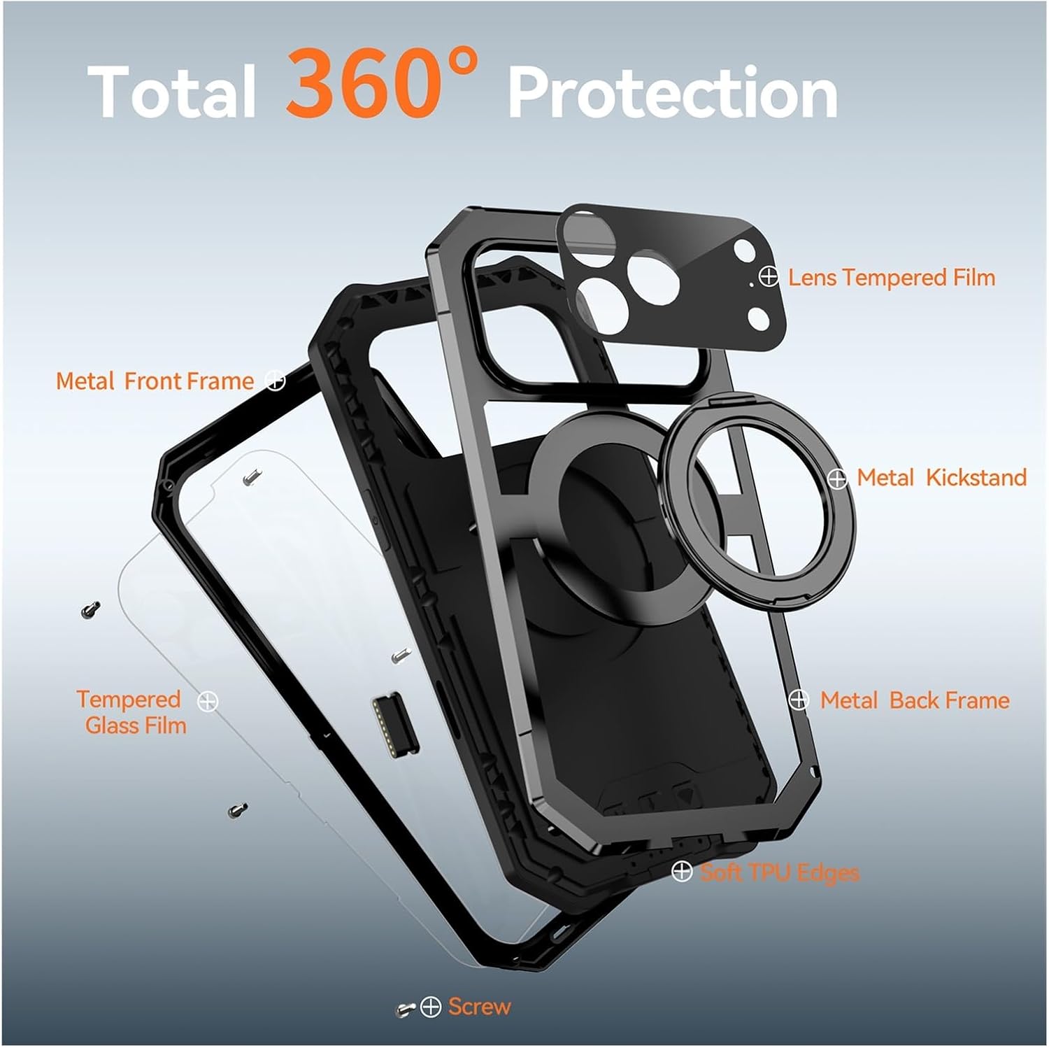 Magnetic Rugged Case for iPhone 17 Pro Max, Shockproof Aluminum Bumper with 360° Rotating Kickstand, Heavy Duty, Camera Protection, Compatible Wireless Charging(Black)