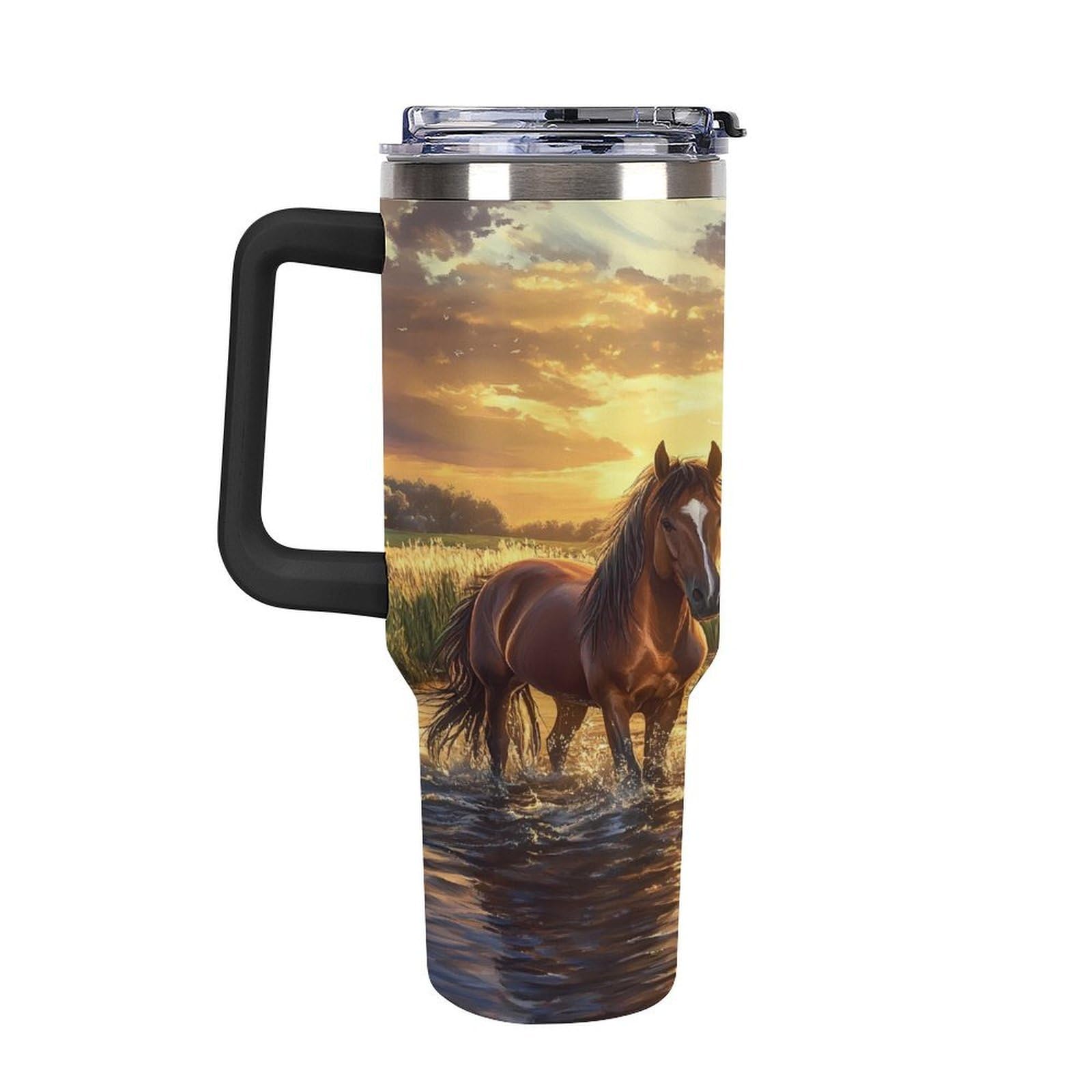 Reise-Kaffeebecher mit Griff, Motiv: Pferd, Sonnenuntergang, 1,2 l, große Kapazität, Autobecher, Wasserflasche