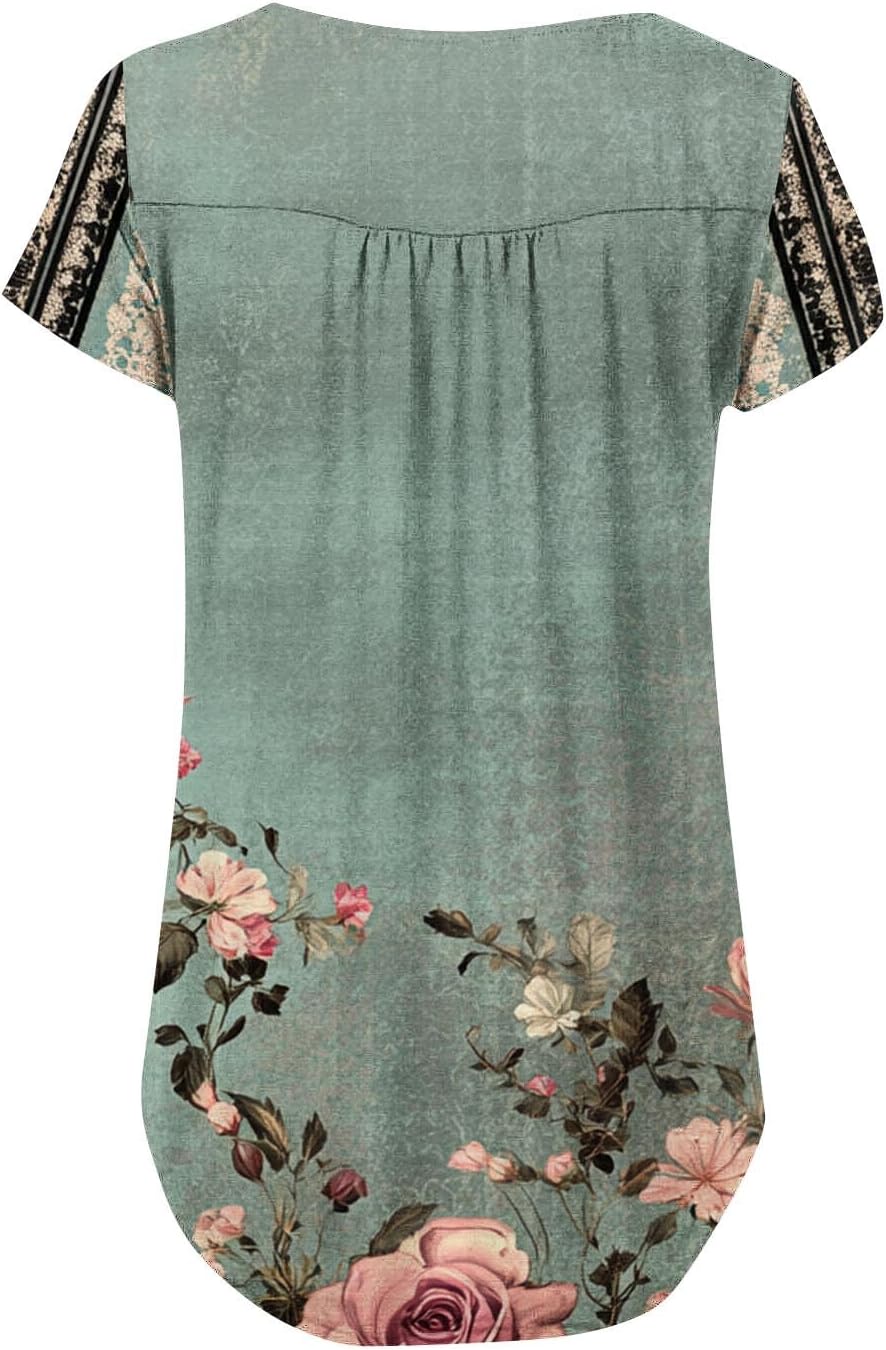 Womens Summer Tops 2025 Trendy Boho Floral Tunic Shirts Short Sleeve Button V Neck Tshirt Dressy Casual Loose Blouses - Image 4