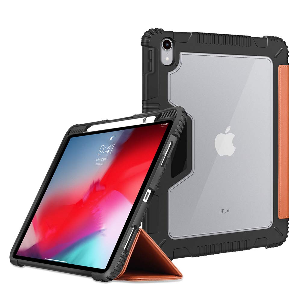 Bigphilo [SPA Series] Clear Case for iPad Pro 12.9 inch (2018), Vegan Leather iPad Pro 12.9 Case [Pencil Holder] [Apple Pencil Charging Supported], Heavy Duty Cover for 12.9" iPad Pro 3rd Gen, Brown