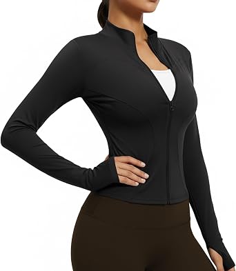 Womens Running Gym Jackets, Zip Up Long Sleeve Sports Tops, Slim Activewear with Thumb Holes for Ladies Fitness Workout Yoga