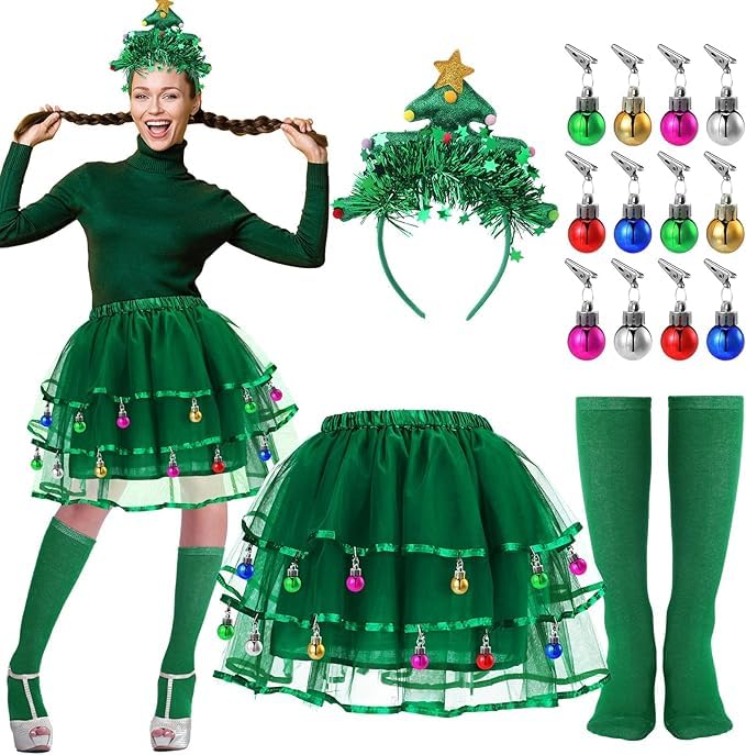 5PCS Disfraz Arbol Navidad Mujer, Diademas Navideñas de Arbol Gafas Falda Tutu Verde Calcetines Altos Pinza con Bola, Complementos Navideños Disfraz Navidad Adulto Mujer para Fiestas Navideñas Cosplay