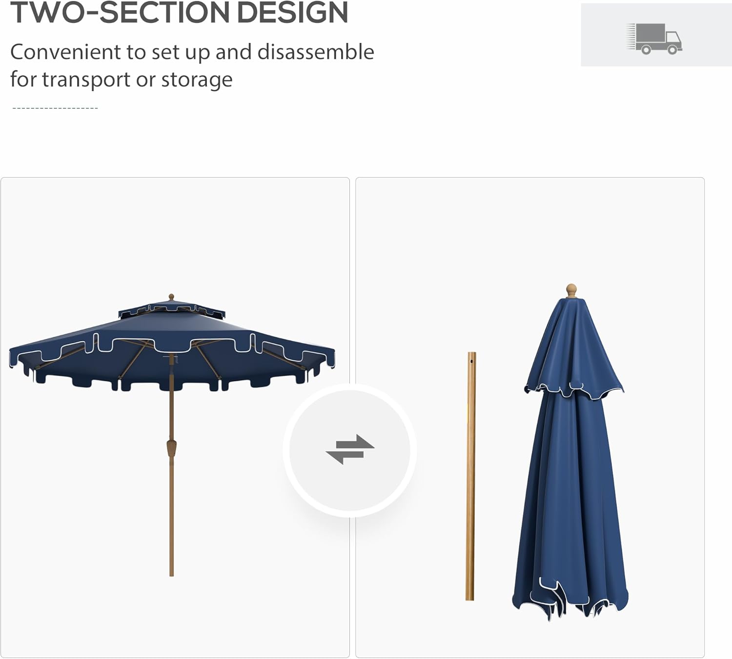 Outsunny 9' Patio Umbrella with Push Button Tilt and Crank, Double Top Ruffled Outdoor Market Table Umbrella with 8 Ribs, for Garden, Deck, Pool